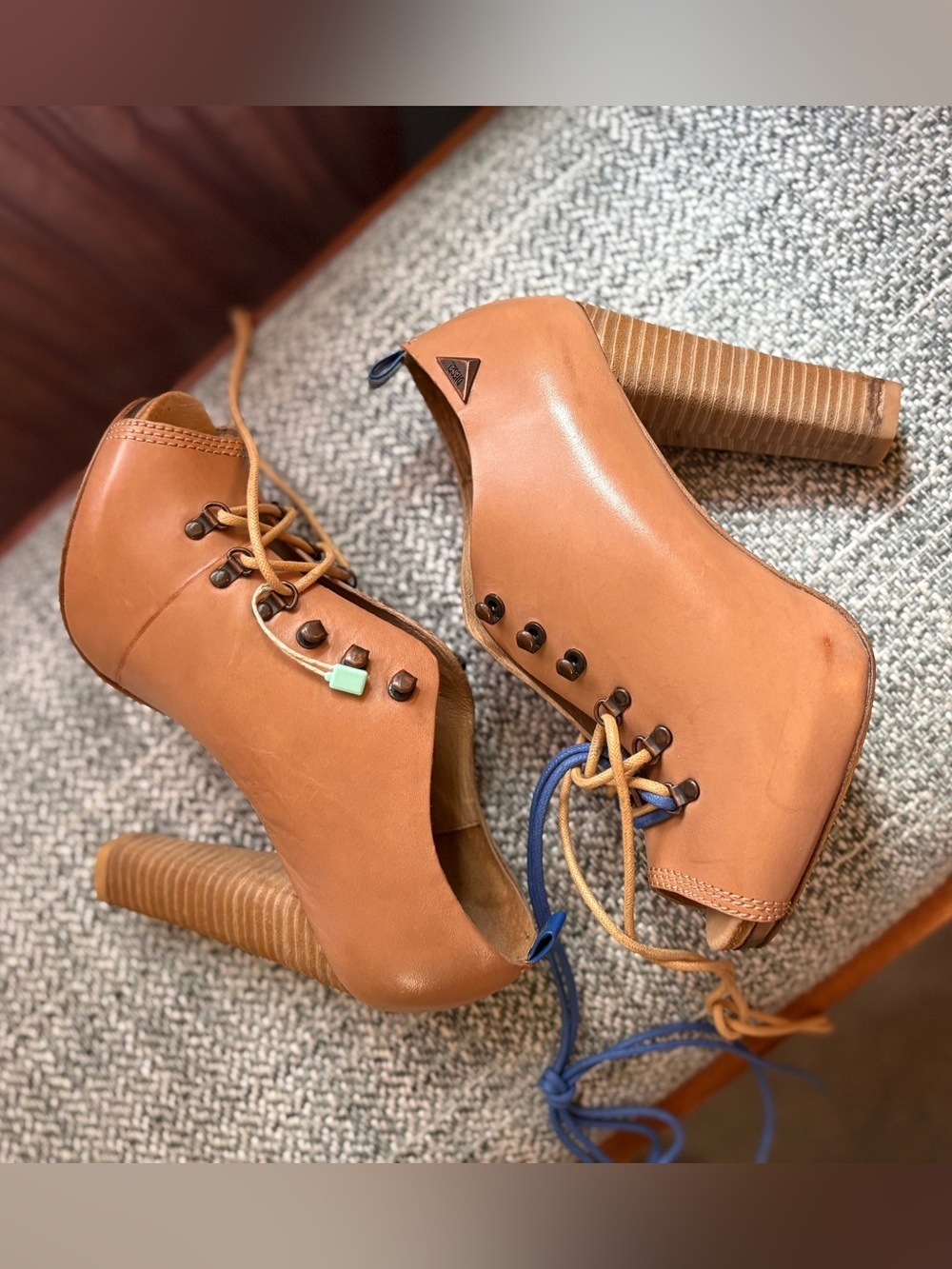 Diesel Tan Lace-Up Peep-Toe Platform Booties with Blue Laces - Picture 2 of 7